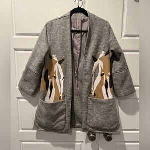 Metisu Horse Detail Tweed Jacket Coat 3/4 Sleeve Grey Equestrian Womens Small